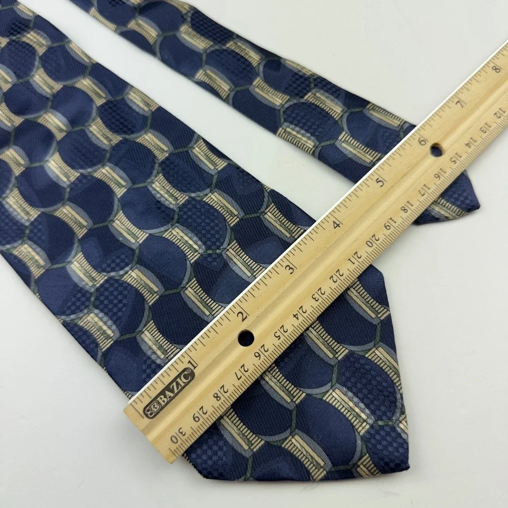 Stafford Made in Italy 100% Silk Navy Blue Gold Geometric Wide Necktie 3.75x57